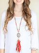 Candace's Country Lace Red Tassel Necklace with Crystal Oval Accent - Matarow